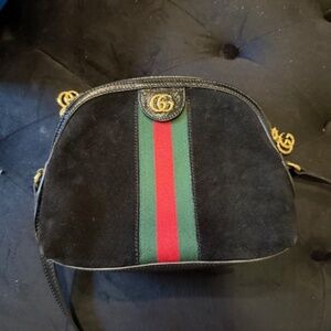 Black Suede Gucci purse with red and green and thin strap
